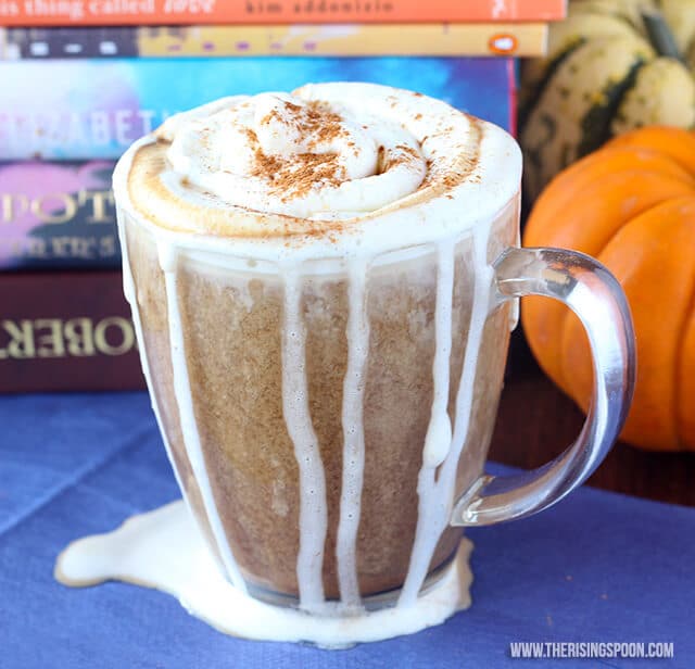 vegan homemade pumpkin spice latte in a glass mug