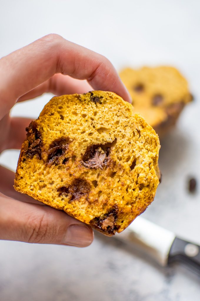 hand holding half a healthier pumpkin muffin with chocolate chips