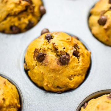 These healthier pumpkin muffins are moist, flavorful, and make the perfect little snack or breakfast treat at under 200 calories per muffin.