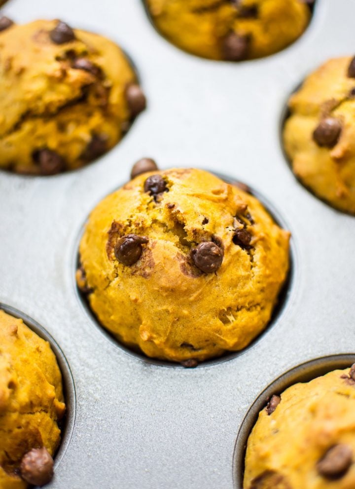 These healthier pumpkin muffins are moist, flavorful, and make the perfect little snack or breakfast treat at under 200 calories per muffin.