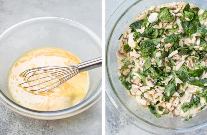 mixing eggs with spinach and mushrooms in a bowl