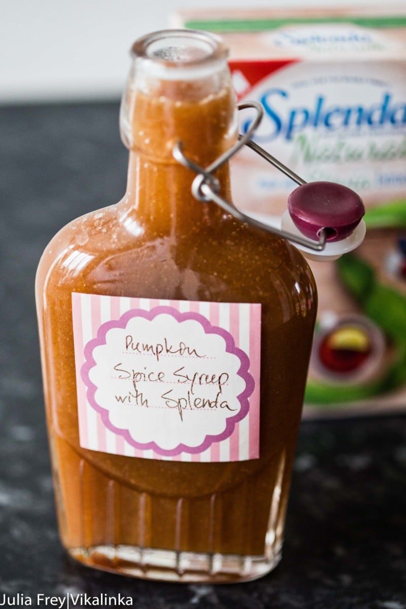 glass bottle with homemade healthier pumpkin pie syrup
