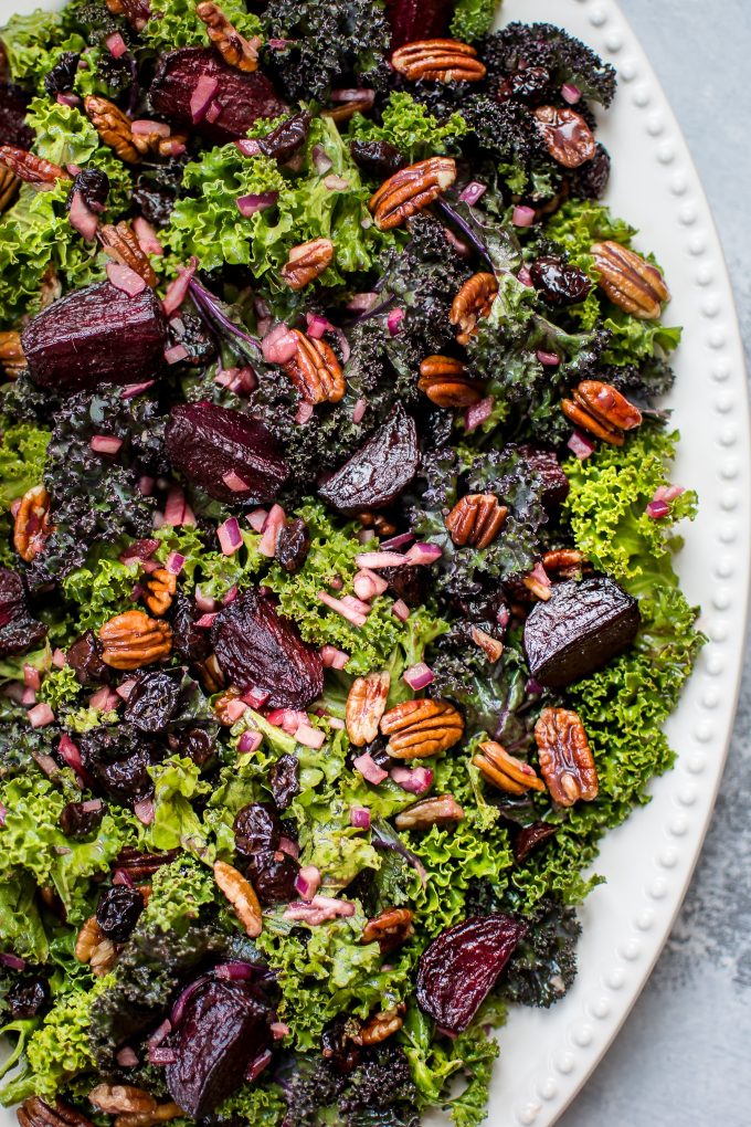 close-up of roasted beet and kale salad on a plate