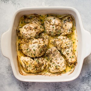 These easy roasted mustard chicken thighs have only a handful of ingredients and come together fast with minimal effort. They stay succulent and juicy, and you will love the light pan sauce.