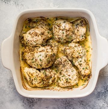 These easy roasted mustard chicken thighs have only a handful of ingredients and come together fast with minimal effort. They stay succulent and juicy, and you will love the light pan sauce.