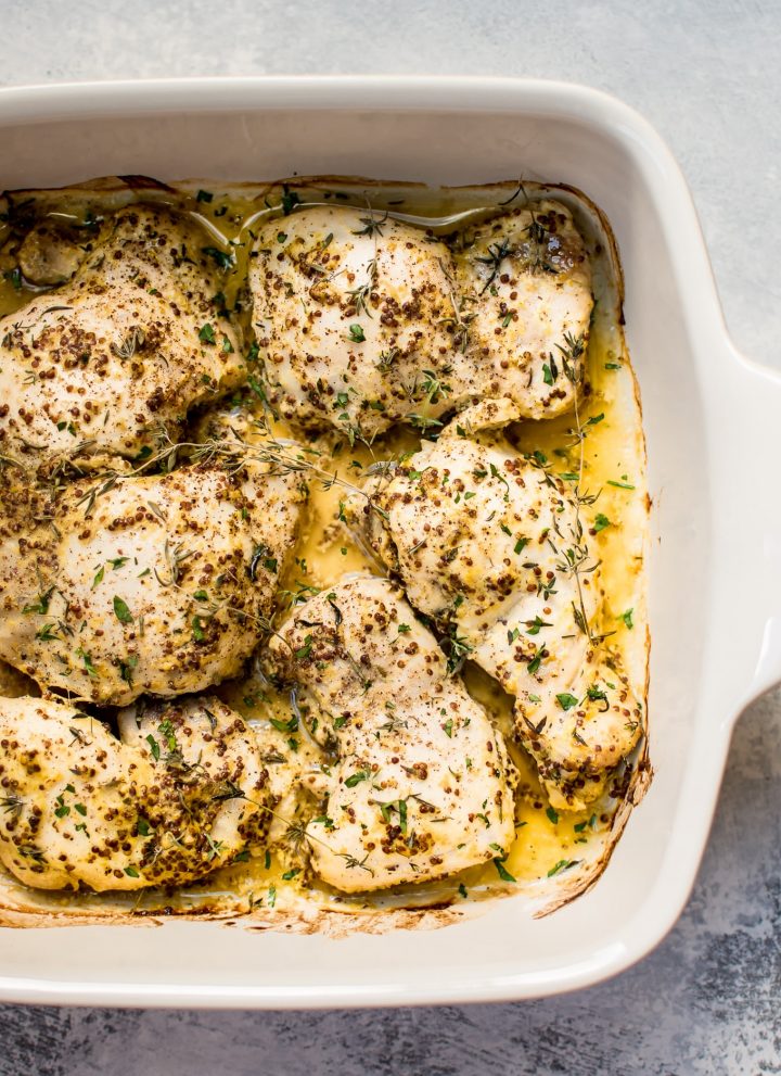 These easy roasted mustard chicken thighs have only a handful of ingredients and come together fast with minimal effort. They stay succulent and juicy, and you will love the light pan sauce.