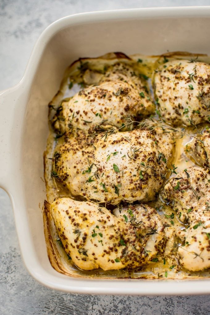 close-up of easy roasted mustard chicken thighs