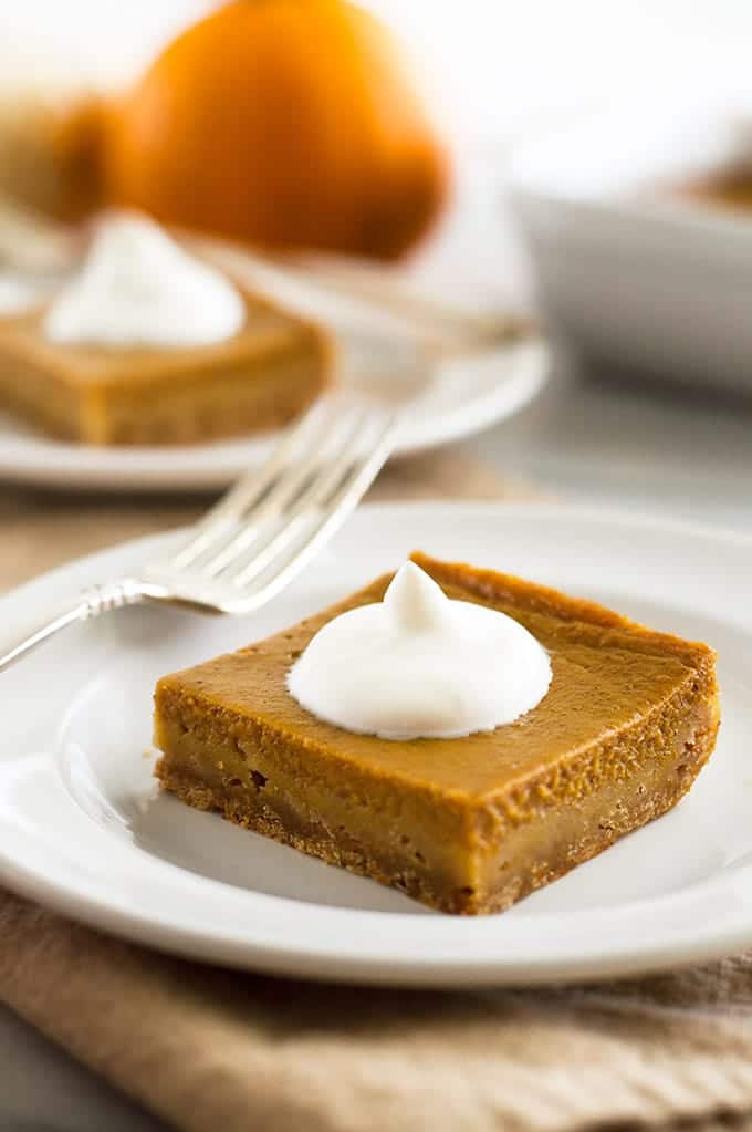 slice of mini skinny pumpkin pie on a plate with a fork