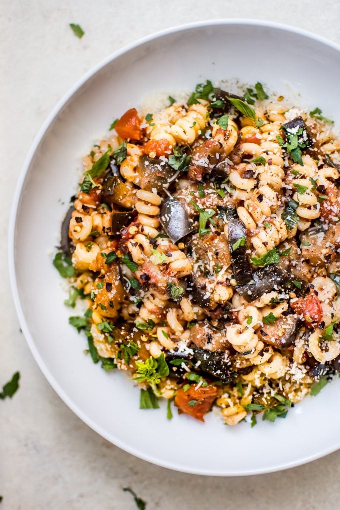 close-up of spicy vegetarian eggplant pasta in a bowl