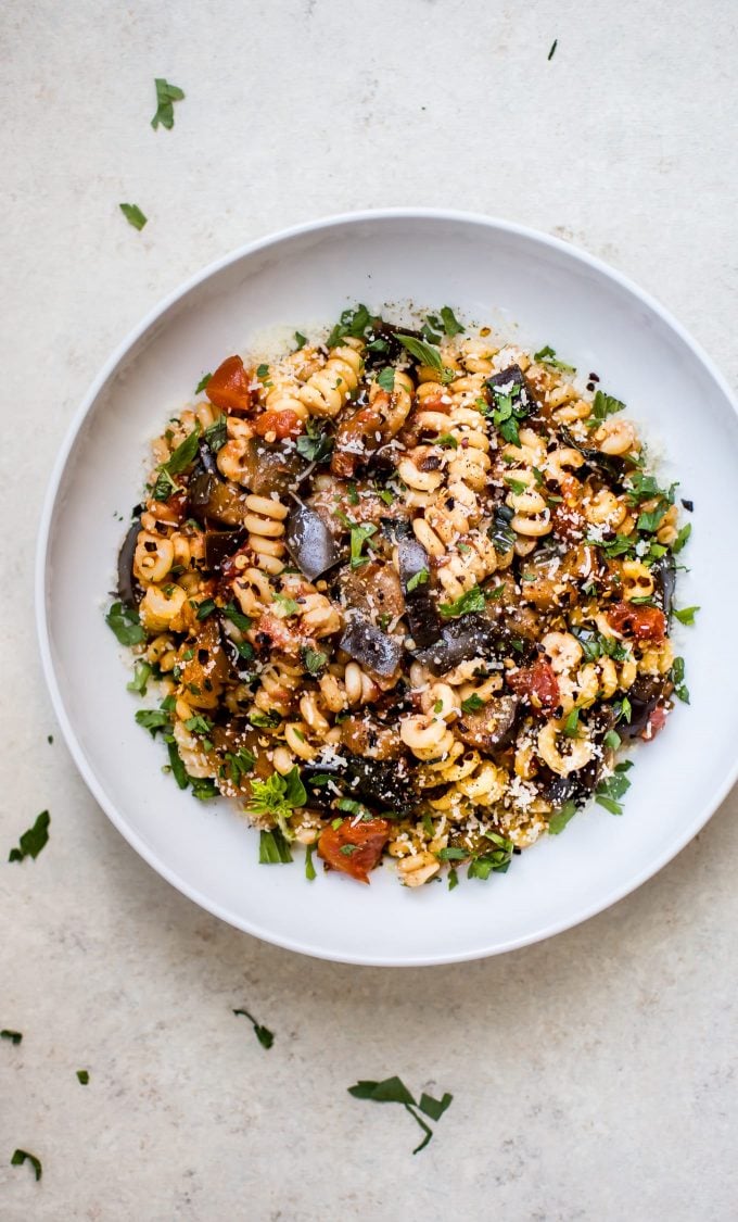 bowl of spicy vegetarian eggplant pasta