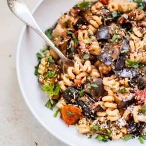 This spicy eggplant pasta recipe is a simple, healthy, and quick vegetarian pasta dish. It's ready in under half an hour - perfect for busy weeknights. 