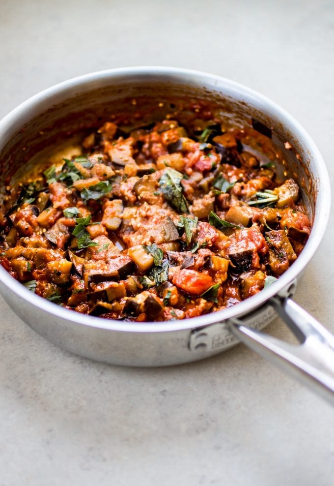 metal skillet with spicy vegetarian eggplant pasta