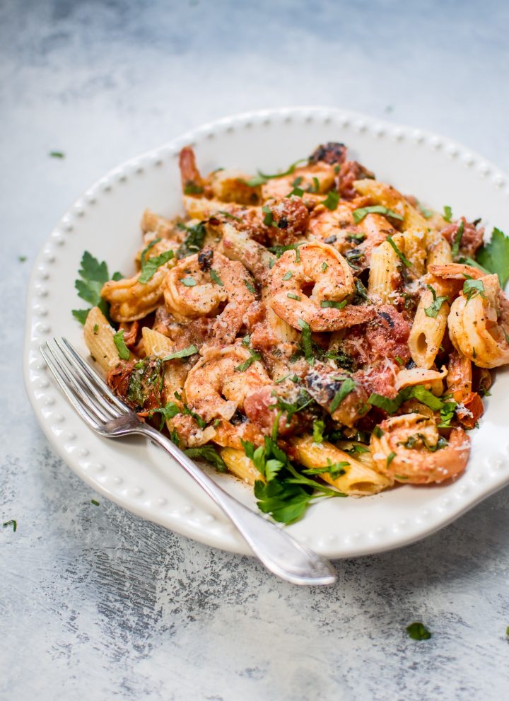 This spicy shrimp pasta with a roasted tomato sauce is easy, fast, and very flavorful. Perfect for a gourmet weeknight dinner or for entertaining. 