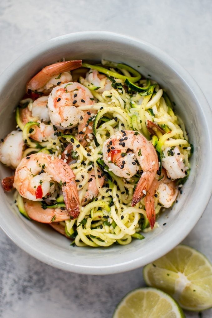 bowl of sweet chili shrimp zoodles