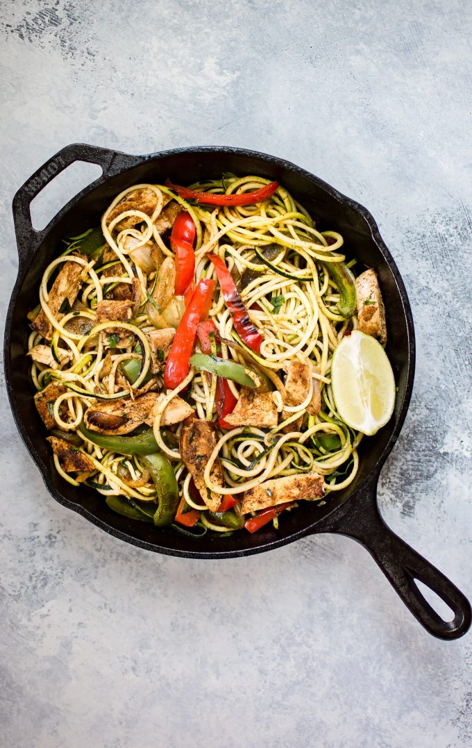 skillet with chicken fajita zucchini noodles