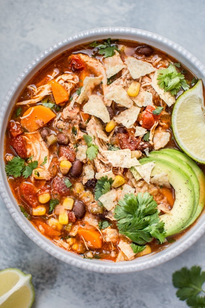 white ceramic bowl with slow cooker Mexican chicken soup