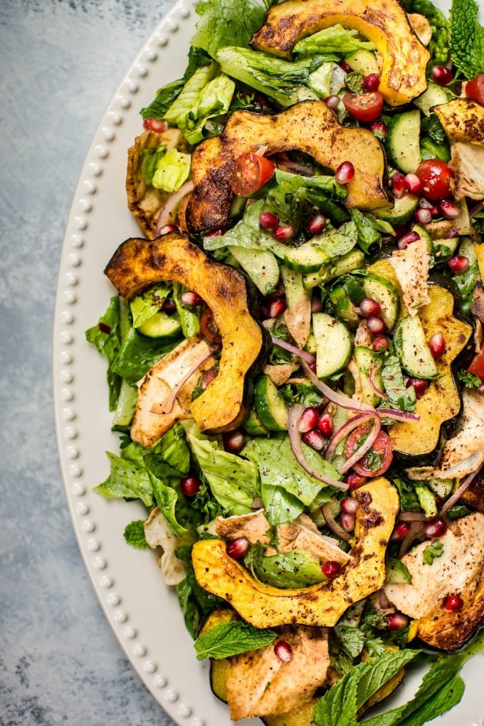 close-up of fall fattoush salad with roasted squash