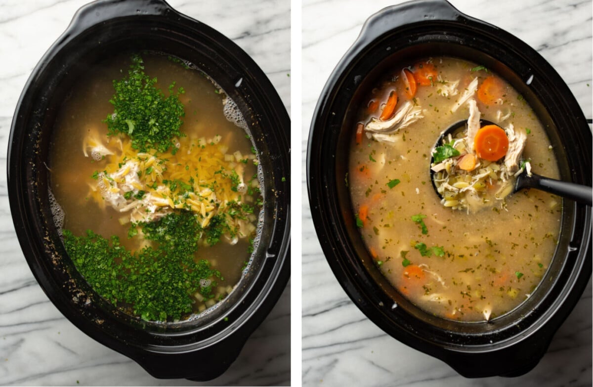 crockpot lemon chicken orzo soup before and after cooking