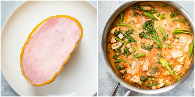 collage with Canadian bacon on the left and skillet of chicken bacon pasta on the right