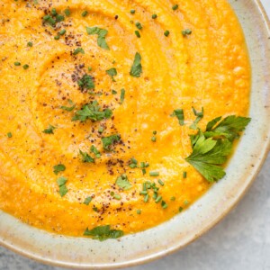 This vegan pumpkin and red lentil soup is hearty, healthy, and comforting. A delicious fall soup idea!