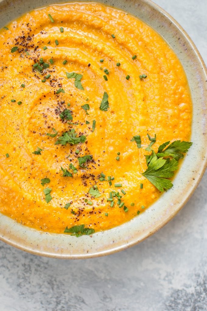 close-up of vegan lentil pumpkin soup in a bowl
