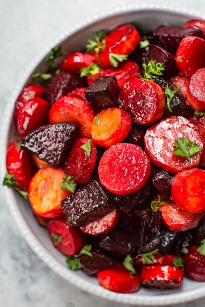 close-up of maple roasted beets and carrots in a bowl