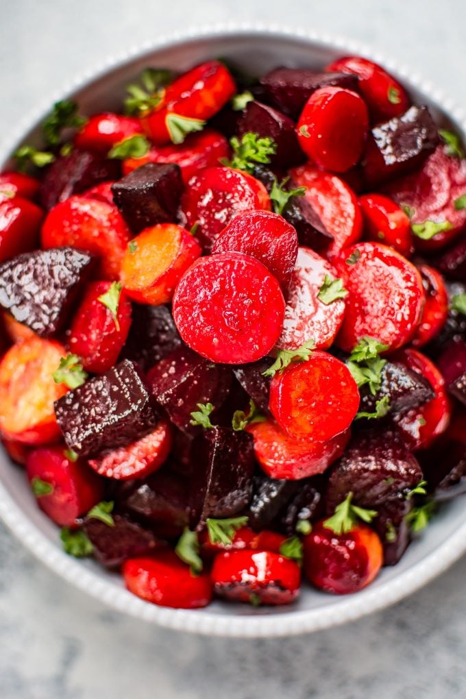 close-up of maple roasted beets and carrots in a bowl