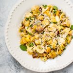 This roasted butternut squash pasta recipe is sure to become a favorite this fall! Butternut squash, warm spices, sage, and a brown butter sauce makes this easy pasta recipe a winner.