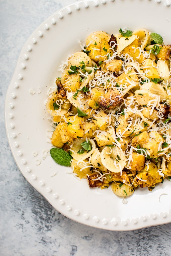 close-up of roasted butternut squash pasta in a bowl