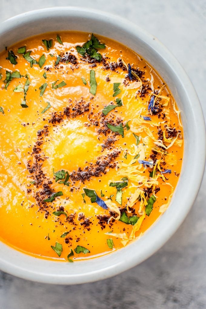 close-up of spicy chipotle sweet potato soup in a bowl