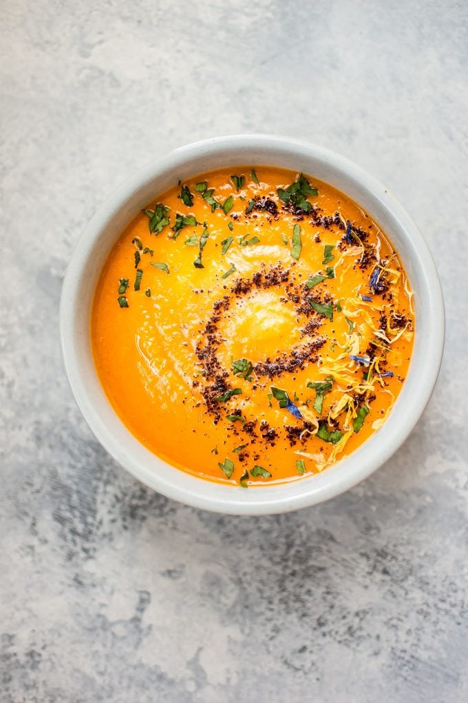 bowl of vegan spicy sweet potato soup