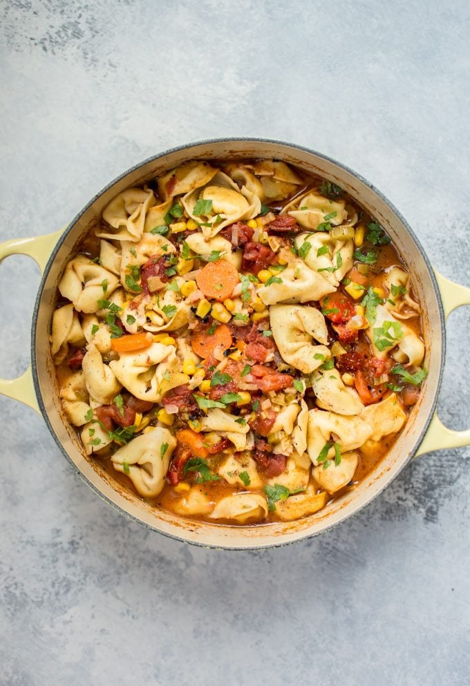 yellow pot with vegetarian tortellini soup