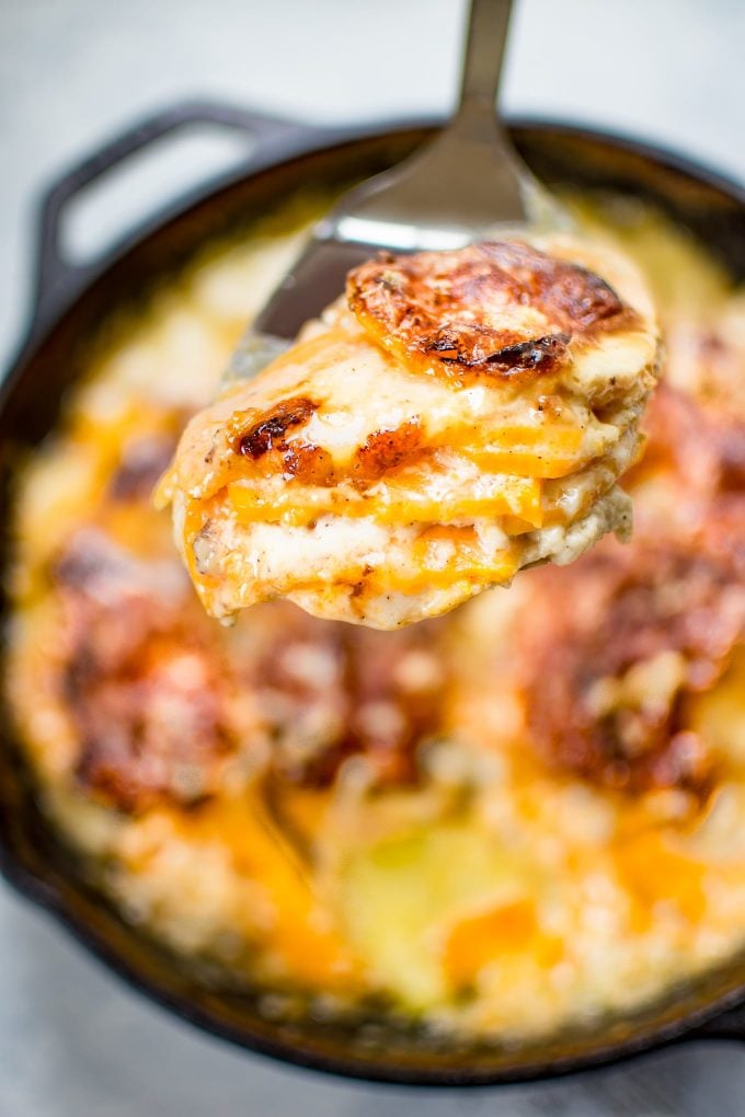 close-up of scalloped sweet potatoes with cheese