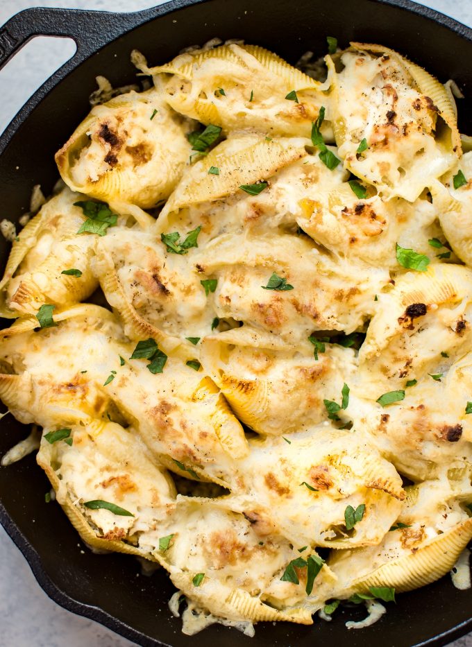 close-up of easy chicken stuffed pasta shells in a skillet