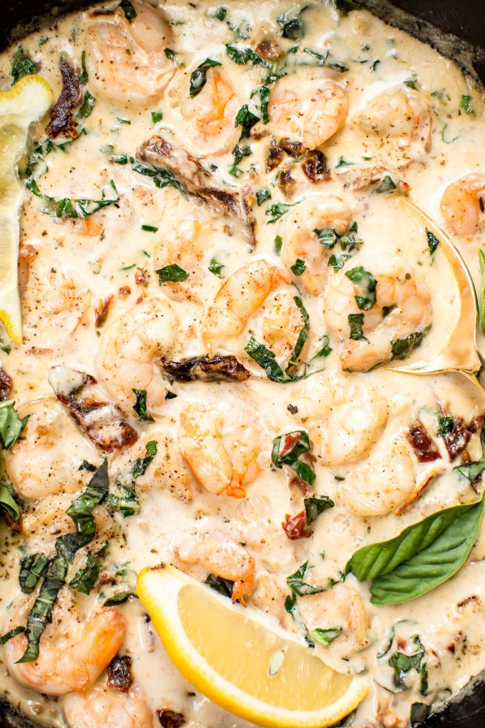 Creamy Garlic Shrimp with Sun-Dried Tomatoes and Basil • Salt & Lavender