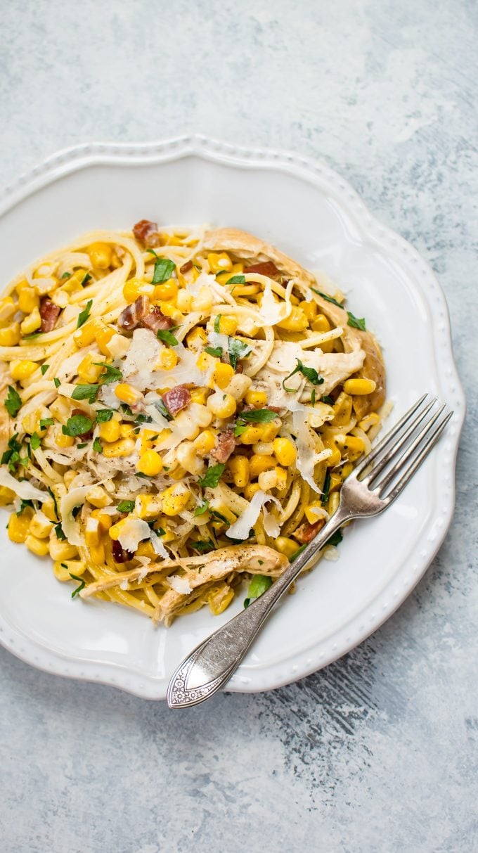 easy creamy leftover turkey pasta in a bowl with a fork