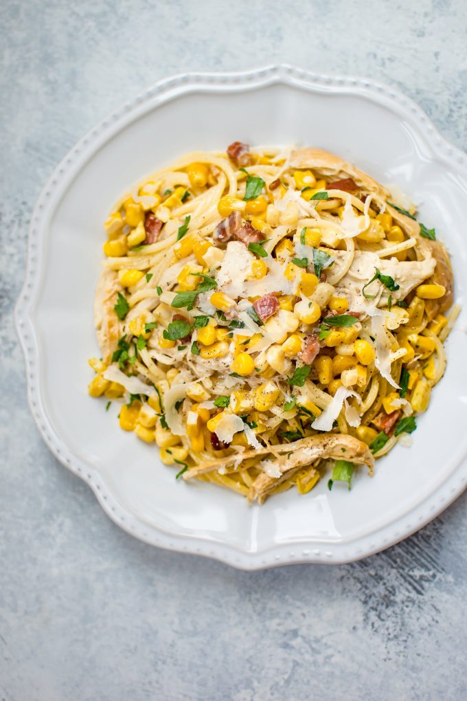 creamy turkey pasta in a white bowl