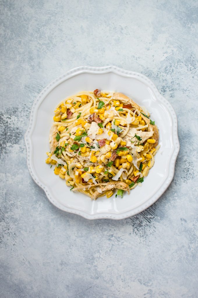 creamy turkey pasta with leftover Thanksgiving turkey in a white bowl