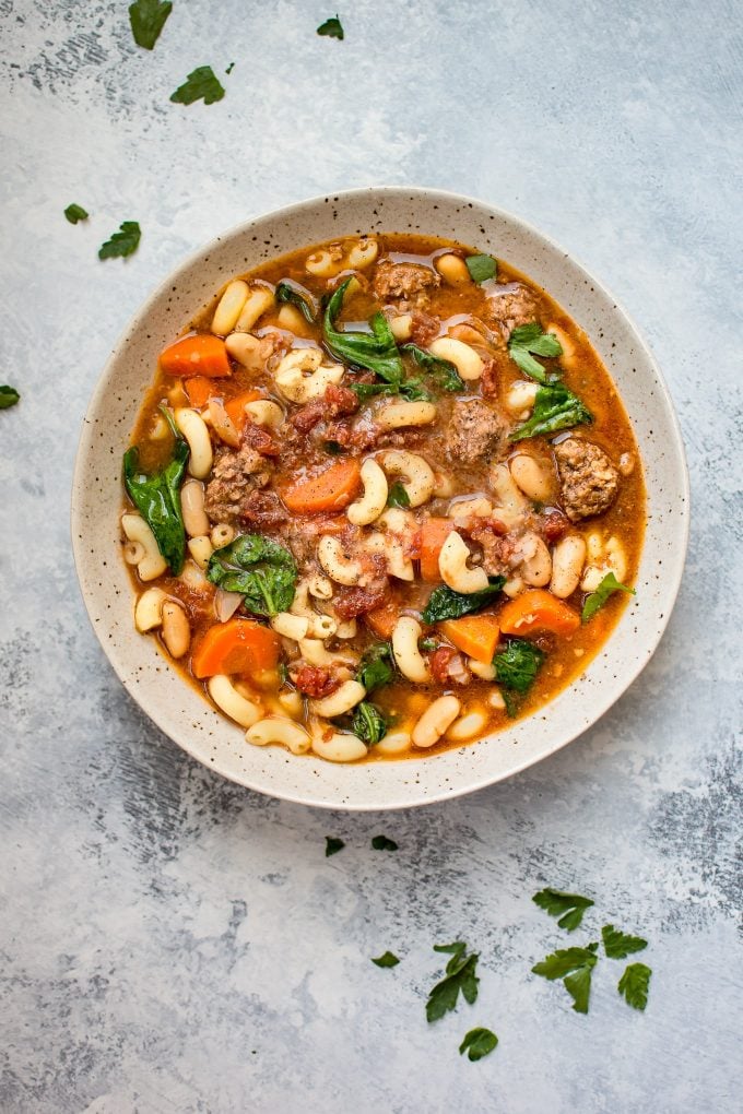 Crockpot Italian sausage soup with pasta in a bowl