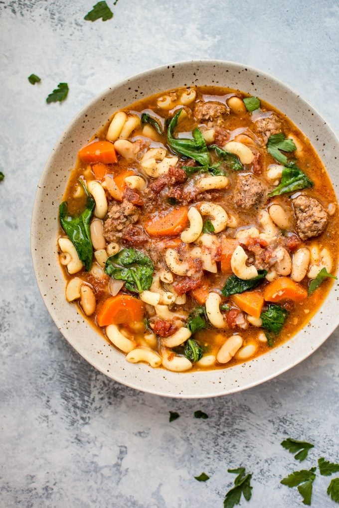 Crockpot Italian sausage soup in a bowl