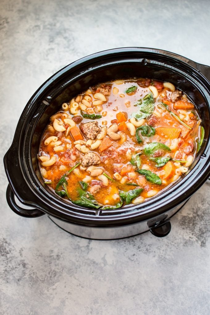 Italian sausage soup inside a Crockpot