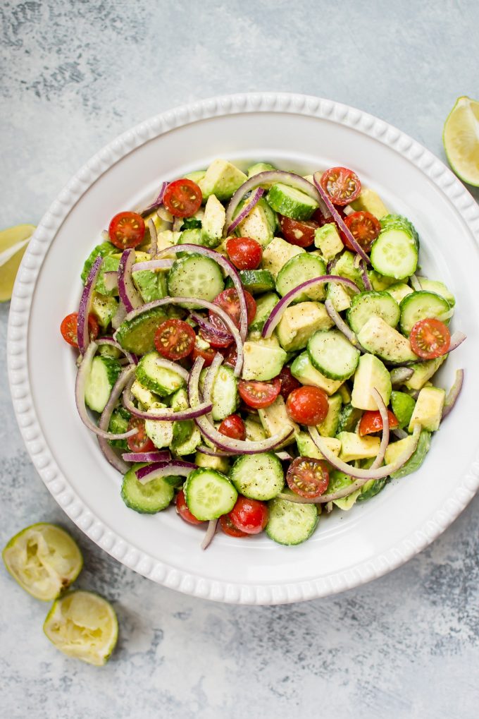 This easy cucumber tomato avocado salad is healthy, fresh, and bursting with flavor. It comes together fast and uses everyday ingredients.