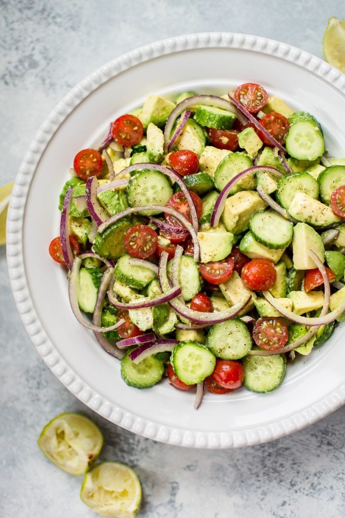 This easy cucumber tomato avocado salad is healthy, fresh, and bursting with flavor. It comes together fast and uses everyday ingredients.