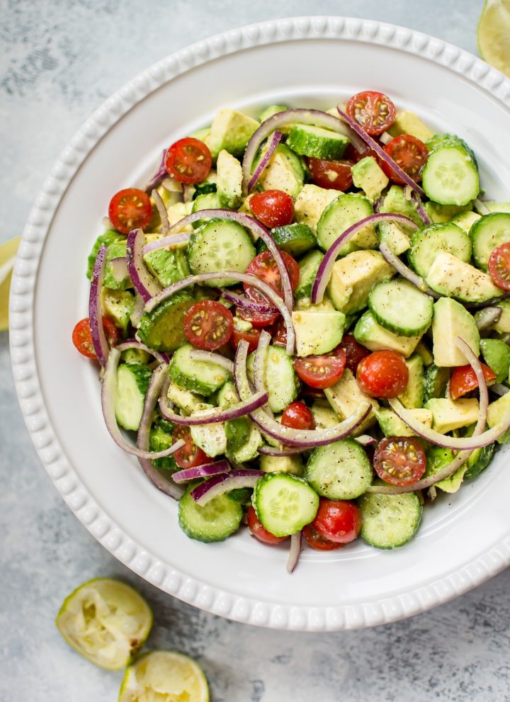 This easy cucumber tomato avocado salad is healthy, fresh, and bursting with flavor. It comes together fast and uses everyday ingredients. 