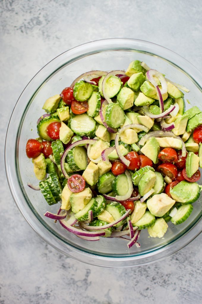 This easy cucumber tomato avocado salad is healthy, fresh, and bursting with flavor. It comes together fast and uses everyday ingredients.