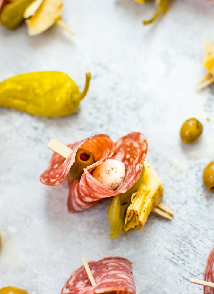 These easy antipasto skewers are fresh, colorful, delicious, and come together fast. They're also simple to store and transport without much fuss.