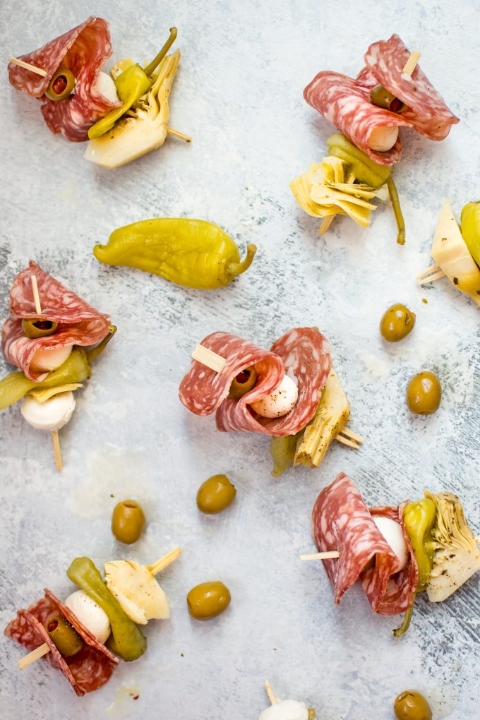 easy antipasto skewers on a counter