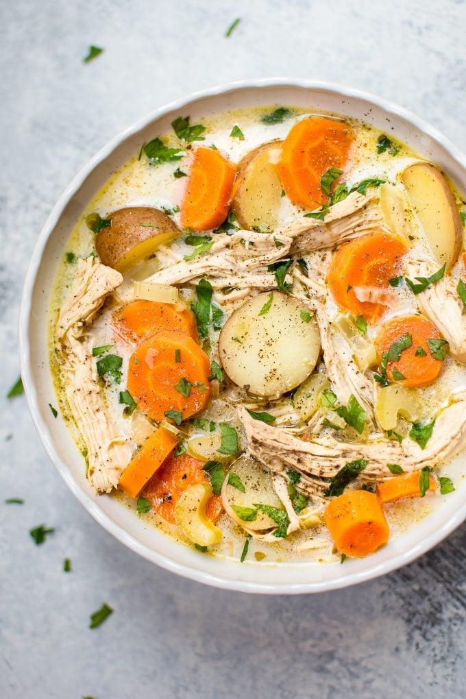 easy leftover turkey soup in a white bowl