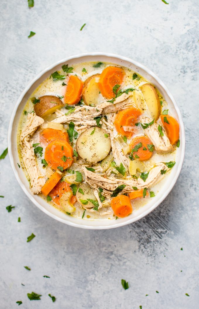 leftover turkey, carrot, and potato soup in a bowl