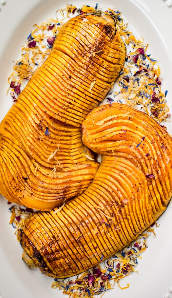 close-up of hasselback honey butternut squash